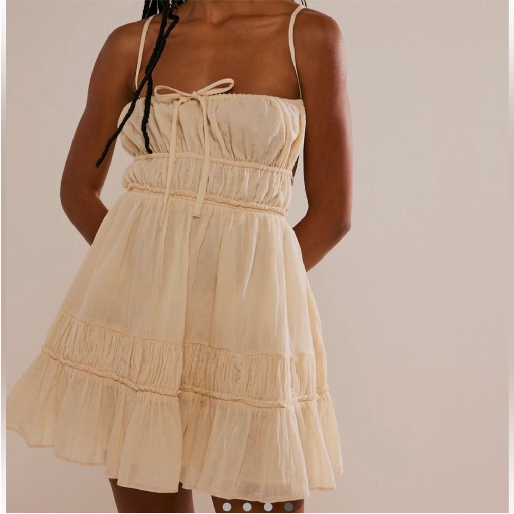 Cream Spaghetti-Strap Ruffle Mini Dress